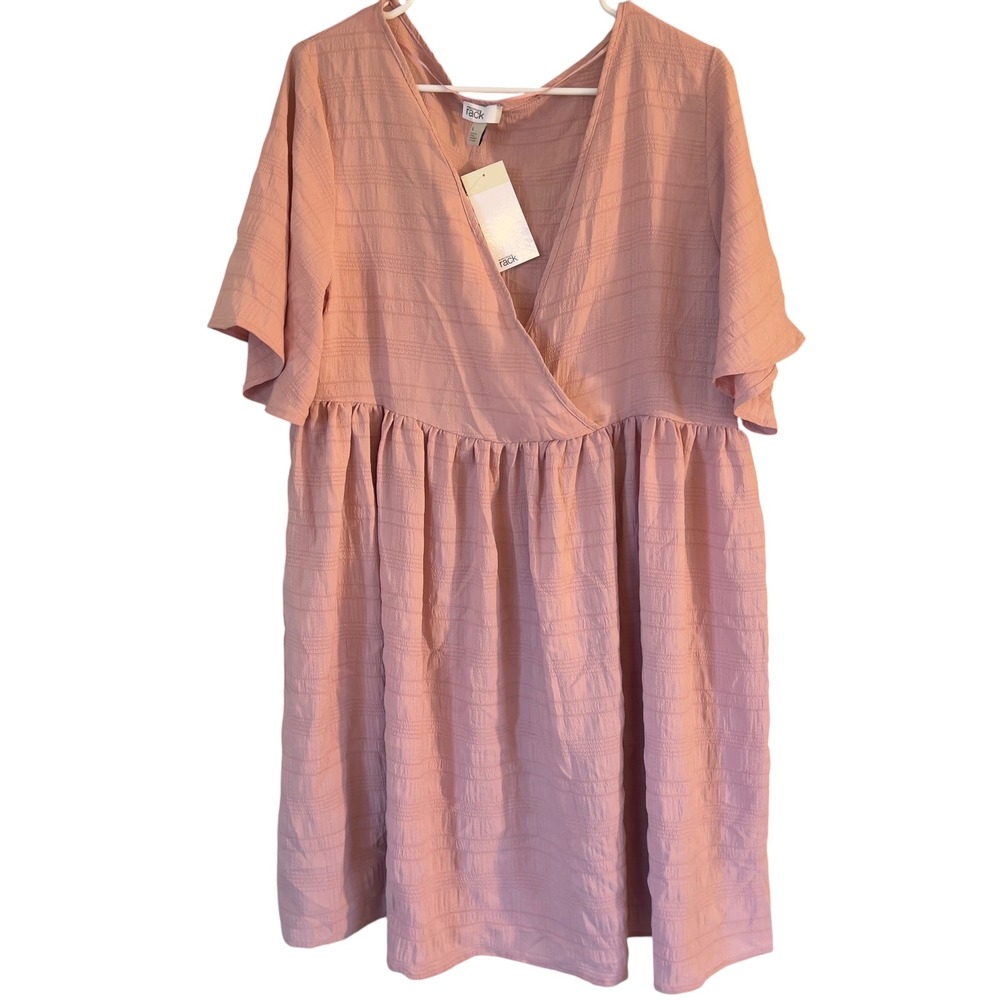 Nordstrom Rack Pink Textured Babydoll Dress V-Neck Flutter Sleeve Large NWT